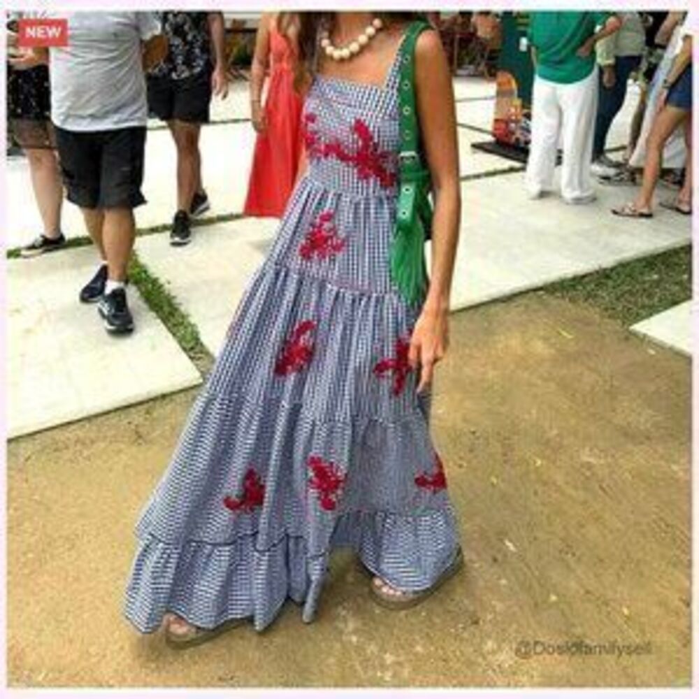 Linen Maxi Dress with Gingham Print, Flowy Ruffle Summer Dress - Picture 2 of 3